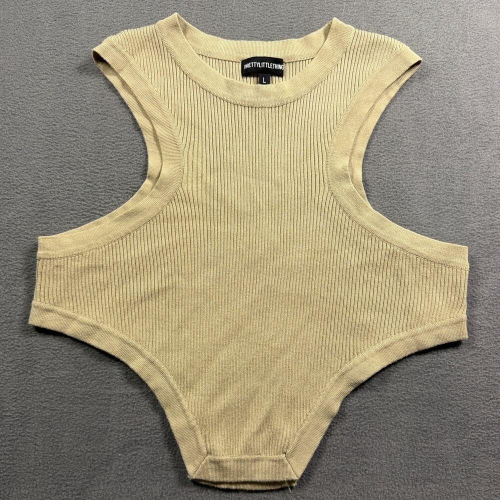Pretty Little Thing Sage Green Ribbed Knit High Neck Sleeveless Bodysuit Large